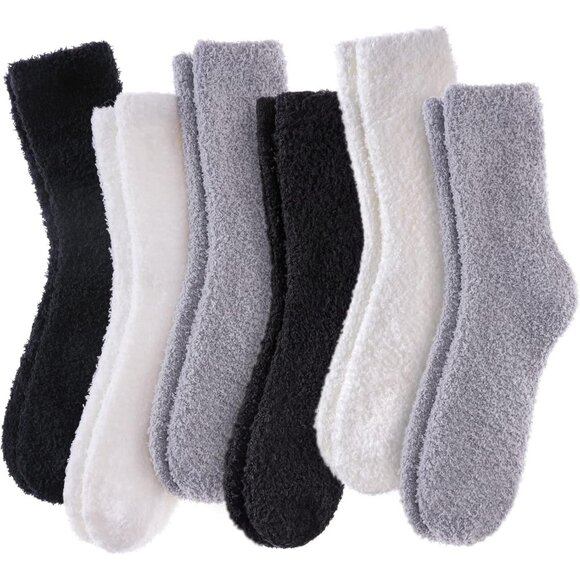 Women Fuzzy Socks Cozy Fluffy Warm Slipper Microfiber Soft Sleep Grey White - Picture 1 of 6
